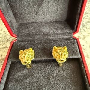 Panther Heads 18k yellow gold plated Stud Earrings with Green Eye Accent